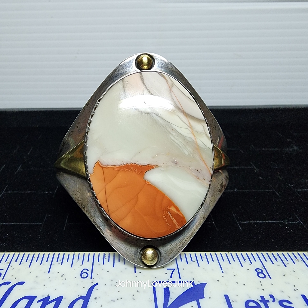 Modern Native American Sterling Silver/Jasper Picture Stone Cuff Bracelet Signed